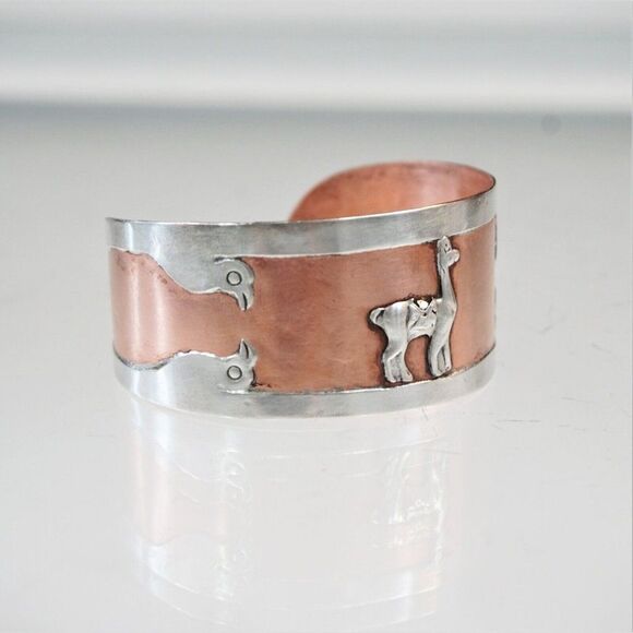 Cuff Bracelet Copper With 925 Sterling Silver Vintage Alpaca Llama And Birds - Picture 2 of 11
